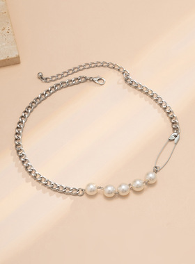 欧美跨境饰品 时尚甜酷风回形针链条项链 个性复古仿珍珠金属项饰