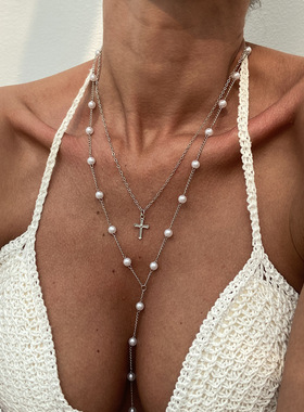 欧美跨境气质仿珍珠链条长款流苏