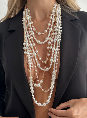 欧美跨境夸张重工叠戴仿珍珠项链