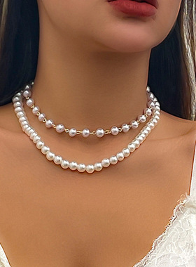 欧美跨境饰品复古百搭仿珍珠叠戴