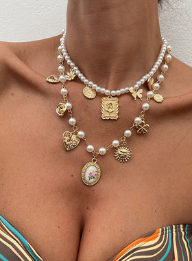 欧美风复古巴洛克仿珍珠花朵项链