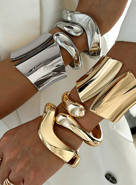 欧美跨境设计感不规则金属宽手镯Bracelet夸张朋克光面弹簧手环女