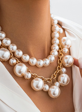 欧美跨境气质仿珍珠串珠吊坠项链