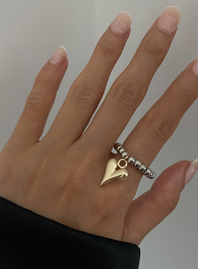 欧美跨境设计感液态金属褶皱爱心戒指 简约ins风光面心形串珠指环