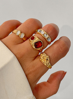 欧美跨境甜酷ins风几何镶钻宝石戒指套装女 个性液态金属光面指环