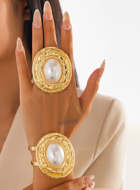 欧美跨境夸张液态金属椭圆宽手镯女 时尚ins风仿珍珠几何圆形手环