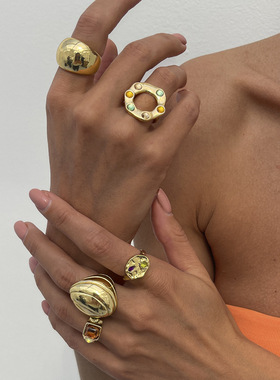 欧美跨境时尚ins彩色镶钻宝石戒