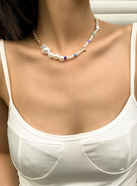 欧美跨境金属链条巴洛克珍珠项链