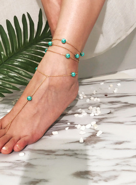 欧美时尚跨境饰品 简约百搭大众款创意脚链 多色系珍珠松石项链女