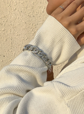 欧美跨境饰品 嘻哈复古满钻古巴链手链 潮流金属镶钻链条男女手饰