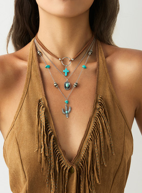 欧美跨境复古仿松石花盘牛头吊坠