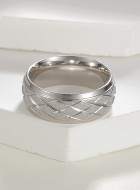 欧美跨境菱形线条磨砂潮人饰品钛钢食指戒指环格子素圈简约戒指