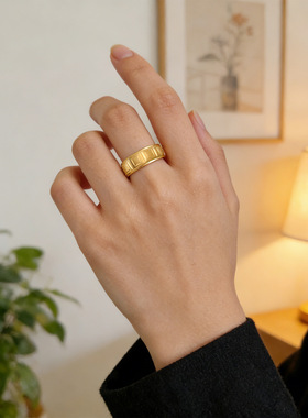 不锈钢戒指欧美复古花砂面指环钛