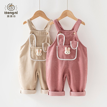 Female Treasure Back Belt Pants Spring Autumn New Cute Little Rabbit Children Light Core Suede Casual Pants 0-3 Year Old Baby Back With Pants
