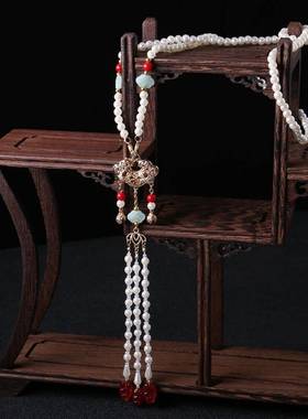 .儿童汉服马面裙项链配饰流苏背云长璎珞项圈复古珍珠吊坠古风女