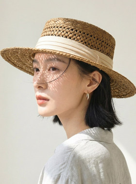 2026新款法式镂空平顶草帽女夏季大檐显脸小老钱风礼帽赫本风帽子