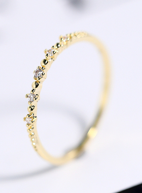 日系风S925纯银镀14K黄金女戒指环超细显瘦璀璨5颗钻小仙女戒礼物