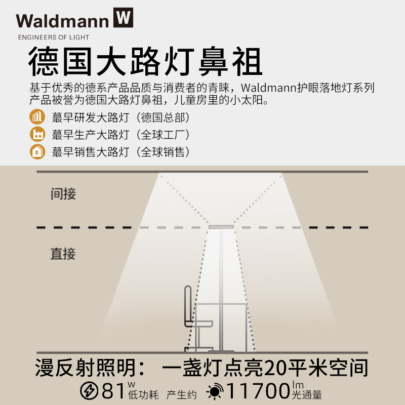 德国Waldmann沃达迈儿童护眼落地灯学生钢琴学习书桌台LED大路灯-图1