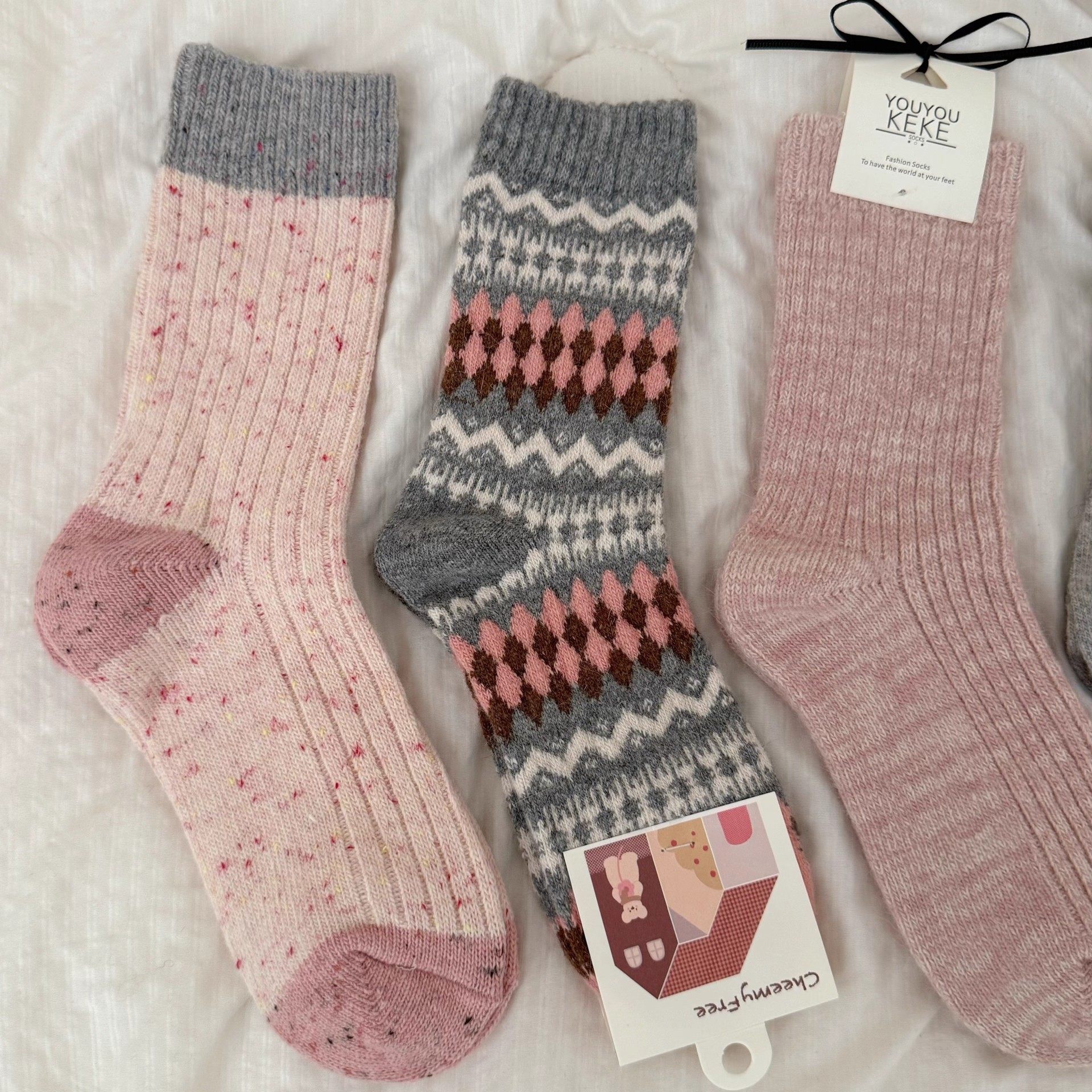 粉色系列暖秋袜子女中筒袜森系氛围感少女jk蝴蝶结百搭校园堆堆袜,淘宝优惠券,粉丝福利购,淘宝优惠卷