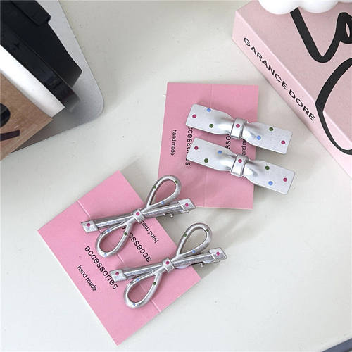 韩国新款彩色波点银色蝴蝶结发夹甜美可爱发卡日韩刘海侧边发饰 - 图3