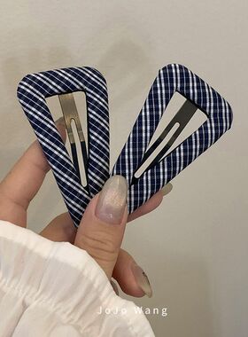 简约miu子~蓝白格纹韩国简约发夹鸭夹发夹甜美布艺刘海BB侧边发饰