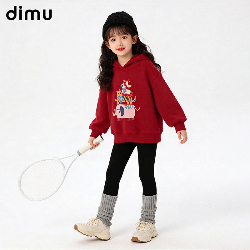 笛牧童装女童红色加绒卫衣2025新款秋冬季儿童加厚新年服女孩冬装