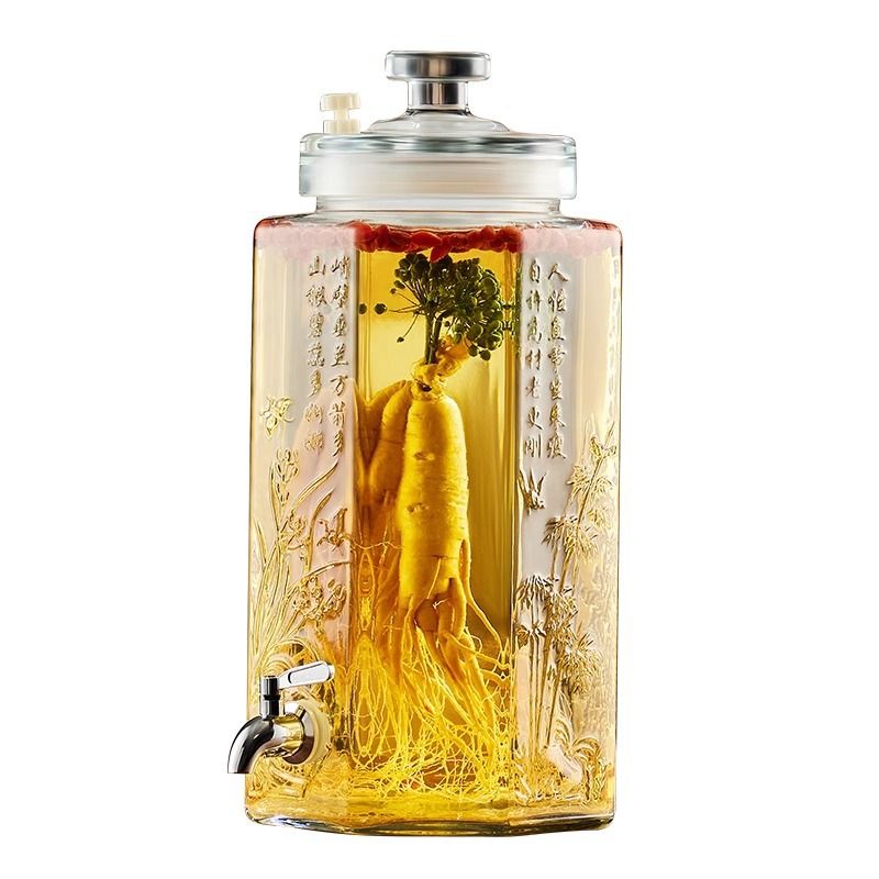 High-end sealed wine glass bottle, ginseng liquor medicinal wine jar, wine jar with faucet, special wine bottle container