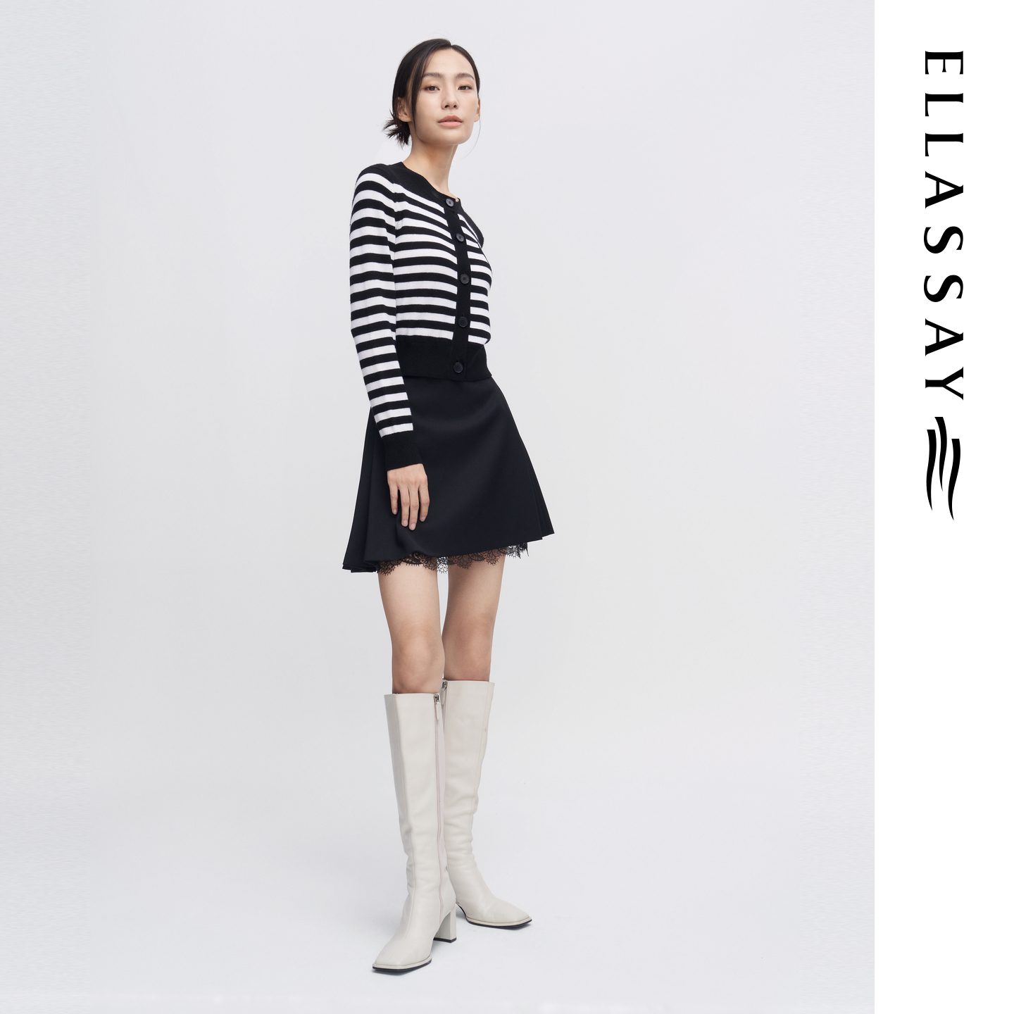 ELLASSAY歌力思春夏新款羊毛蕾丝边压褶A字半身裙女EWE341Q02900 - 图0