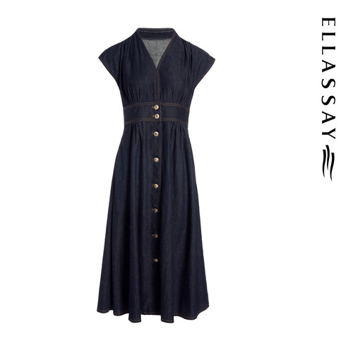 ELLASSAY歌力思早春新款100%棉连肩袖牛仔连衣裙女EWE361N01600 - 图3