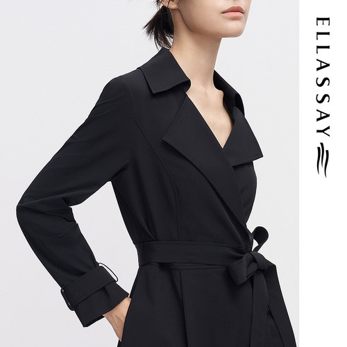 ELLASSAY歌力思2026春季新款百搭系带设计黑色风衣EWE341F01600 - 图2