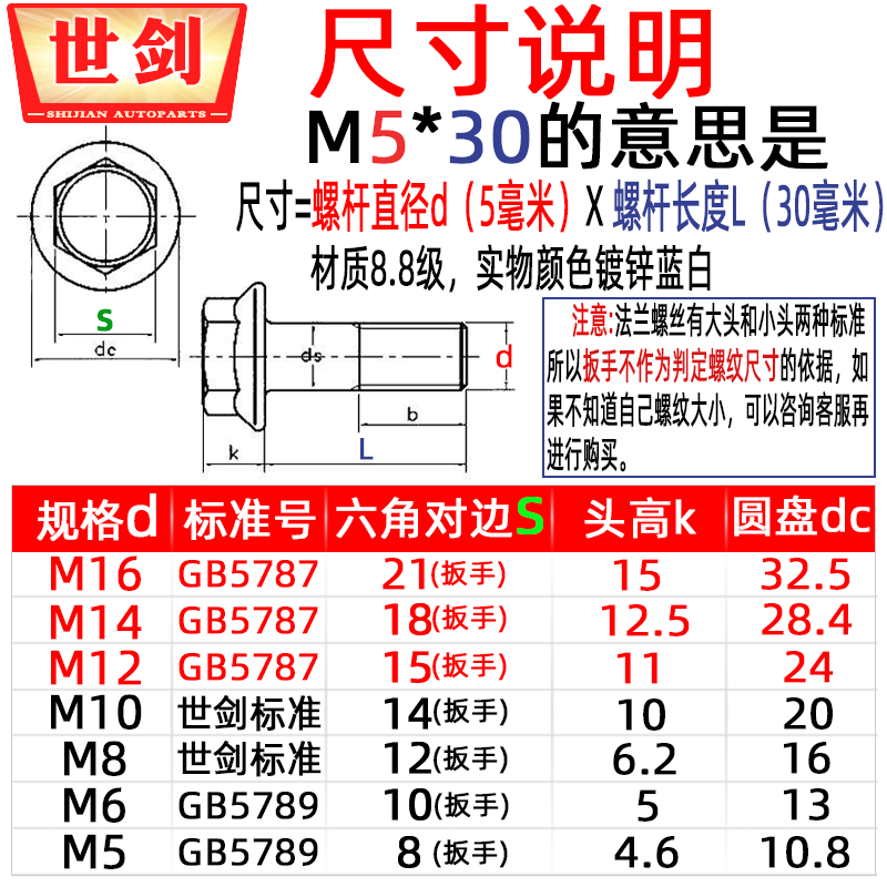 法兰螺丝镀锌8.8级六角螺栓面自带垫螺杆GB5789汽车M5M6C10厘12外 - 图1