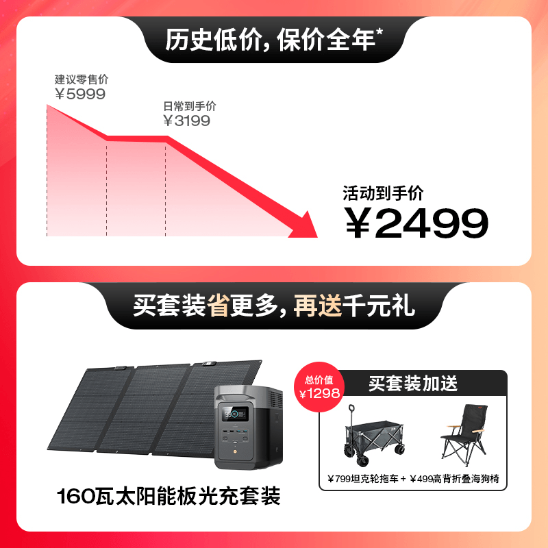 正浩【磷酸铁锂】德2 EcoFlow移动户外电源【应急备灾救援】大容量220v快充房车露营自驾车载储能便携蓄电池