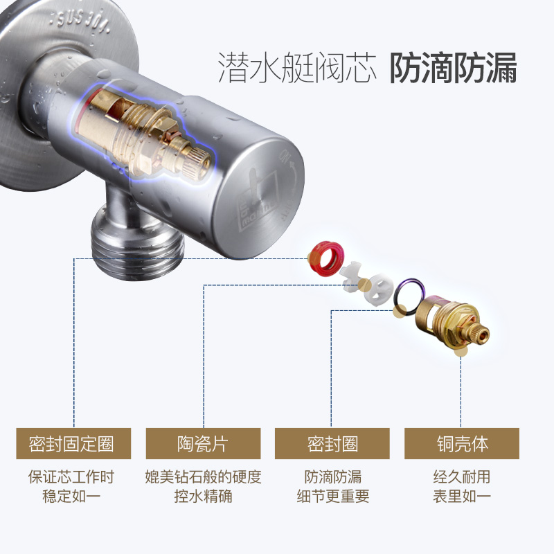 潜水艇304不锈钢角阀热水器马桶4分三角阀冷热水加长加厚通用防爆