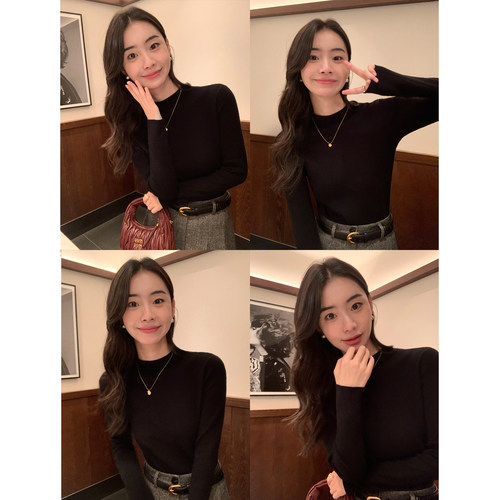 pusumede黑色半高领针织衫女秋冬基础百搭打底衫毛衣正肩长袖上衣 - 图3