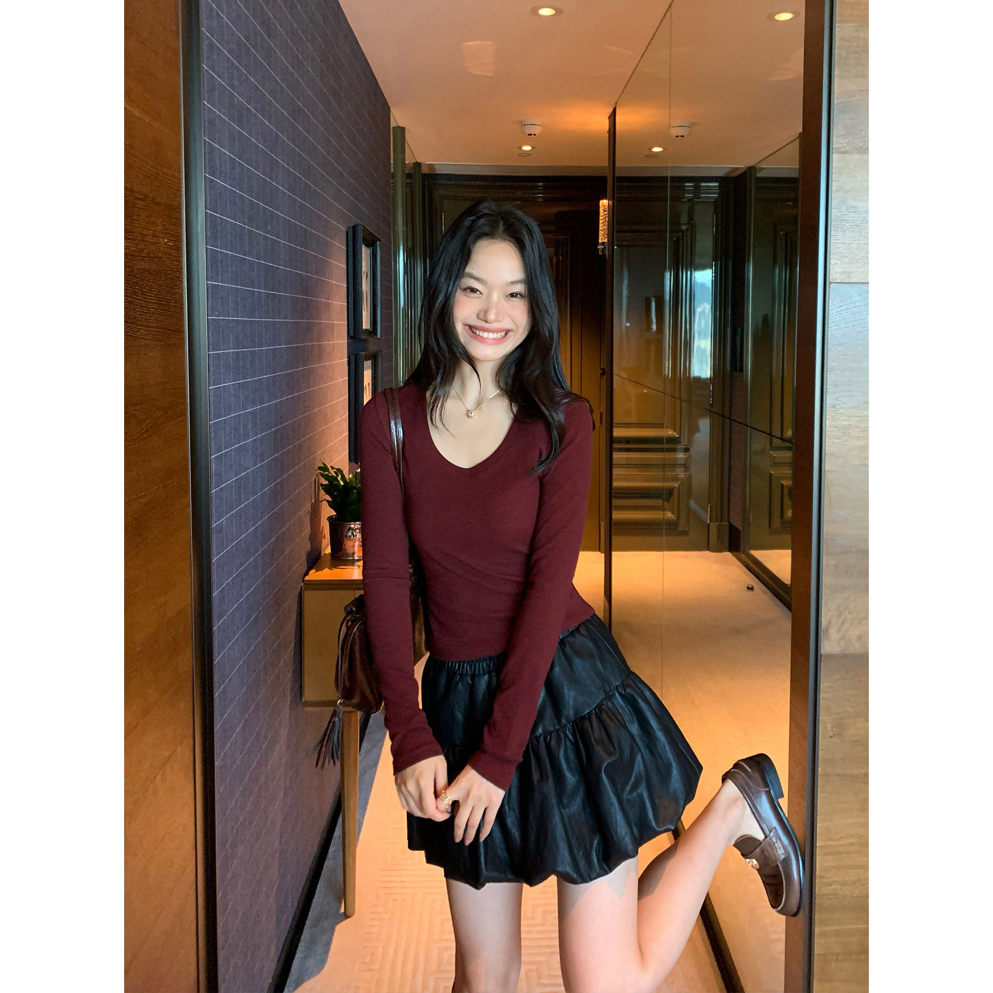 pusumede 5色可选 优雅u领长袖针织衫女修身内搭打底弹力t恤上衣,淘宝优惠券,粉丝福利购,淘宝优惠卷