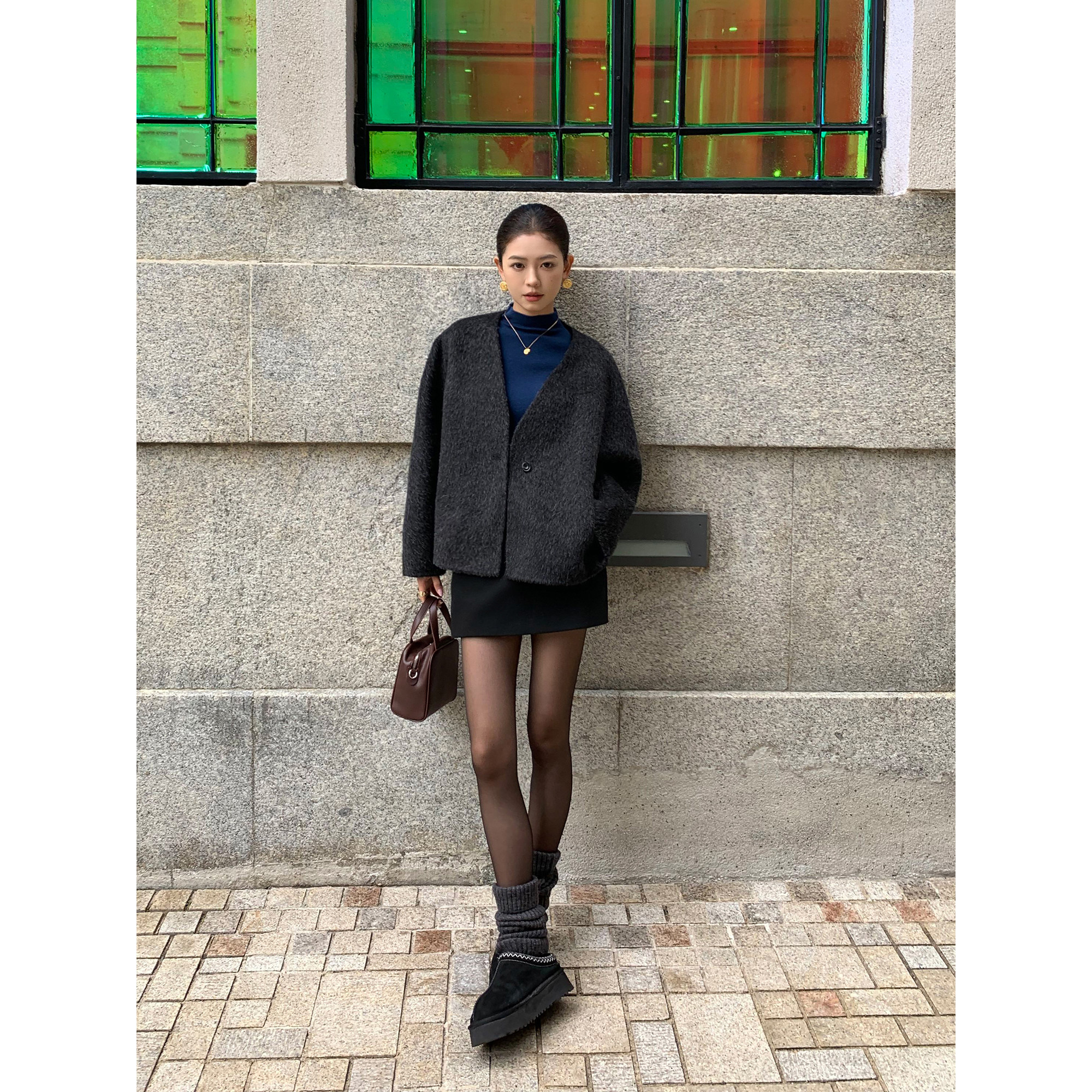 pusumede【现货7.5折】V领羊毛双面呢外套女气质保暖短款毛呢大衣,淘宝优惠券,粉丝福利购,淘宝优惠卷