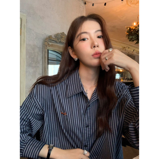 pusumede 米兰往事 蓝色刺绣条纹衬衫女设计感宽松气质长袖上衣