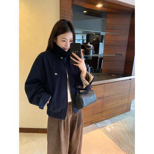 pusumede 枫叶特调 复古翻领夹克外套女简约休闲拉链工装宽松上衣 - 图1