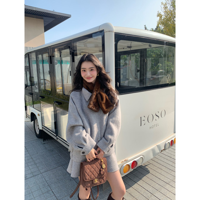 pusumede奢宠冬日 翻领羊毛双面呢夹克外套女高腰A字半身短裙套装