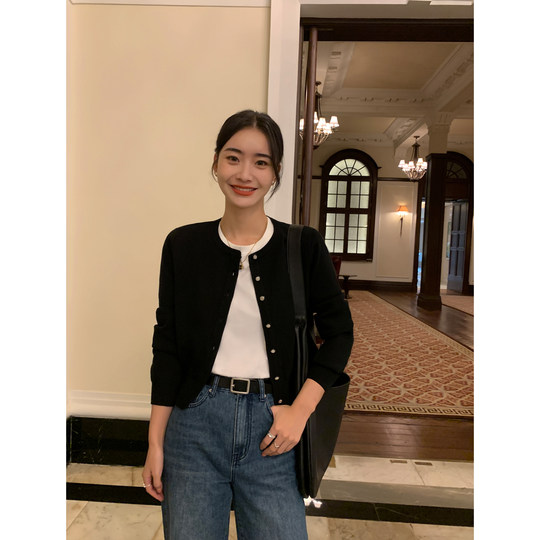 pusumede 慵懒漫步 圆领长袖针织开衫女设计感外套收腰短款上衣