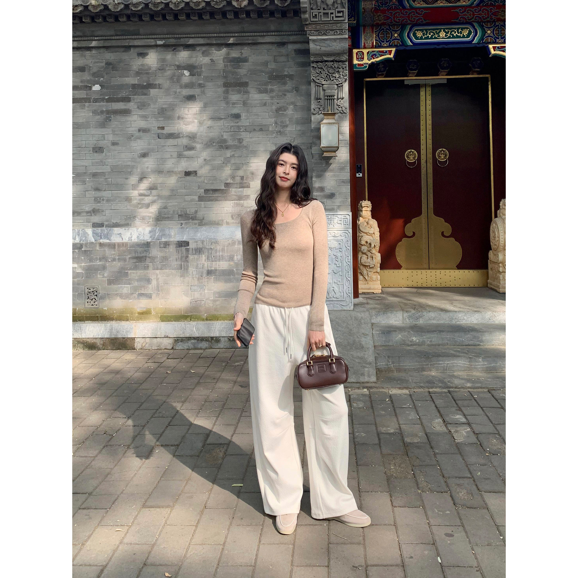 pusumede 通勤feel 高腰弯刀宽松阔腿卫裤女松紧腰直筒休闲长裤 - 图3