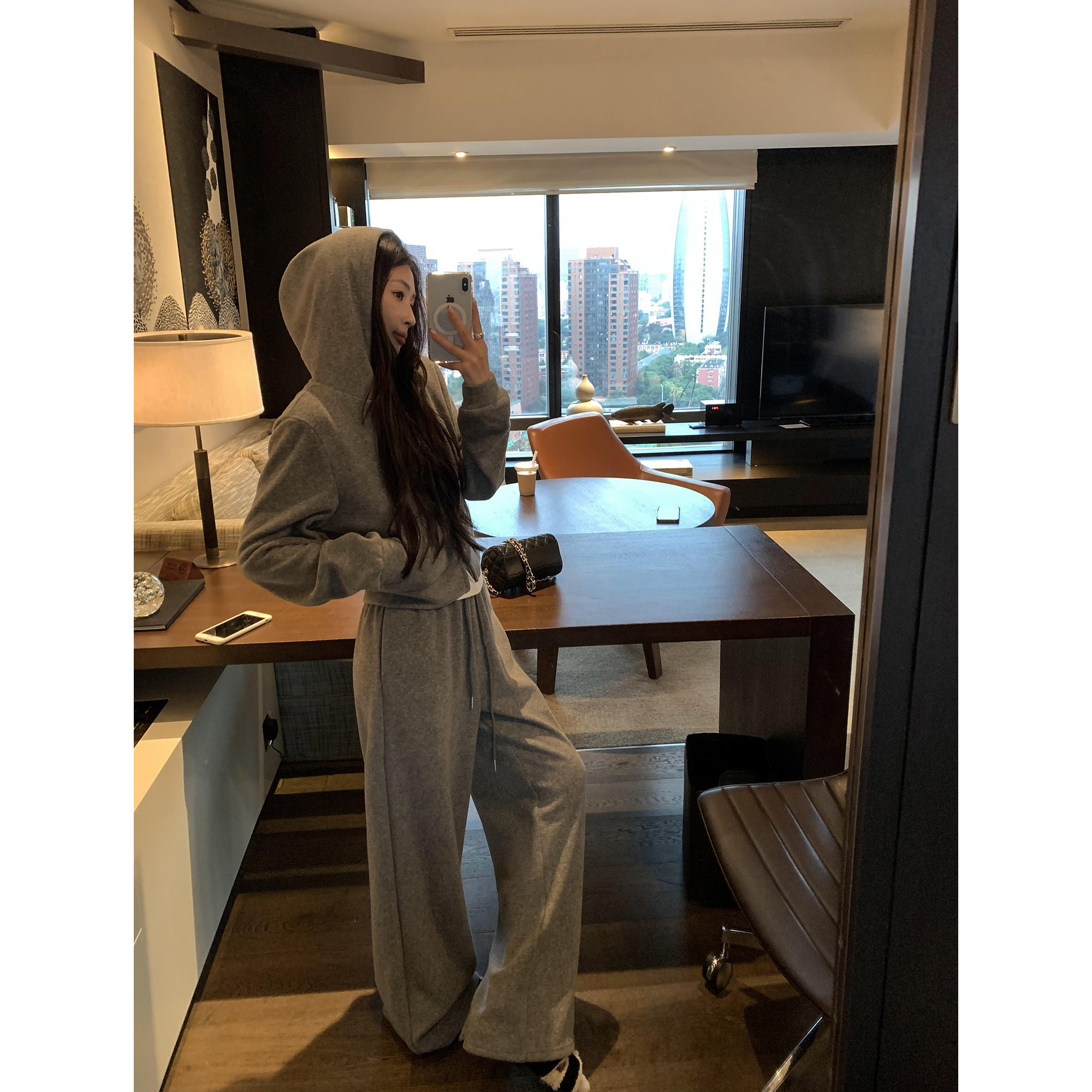 pusumede 长期松弛 慵懒风短款连帽卫衣外套女高腰休闲卫裤套装,淘宝优惠券,粉丝福利购,淘宝优惠卷