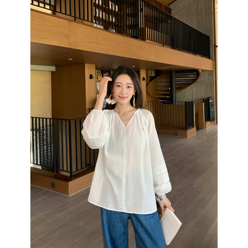pusumede慵懒夏日莱赛尔亚麻法式v领衬衫女白色宽松长袖防晒上衣 - 图0