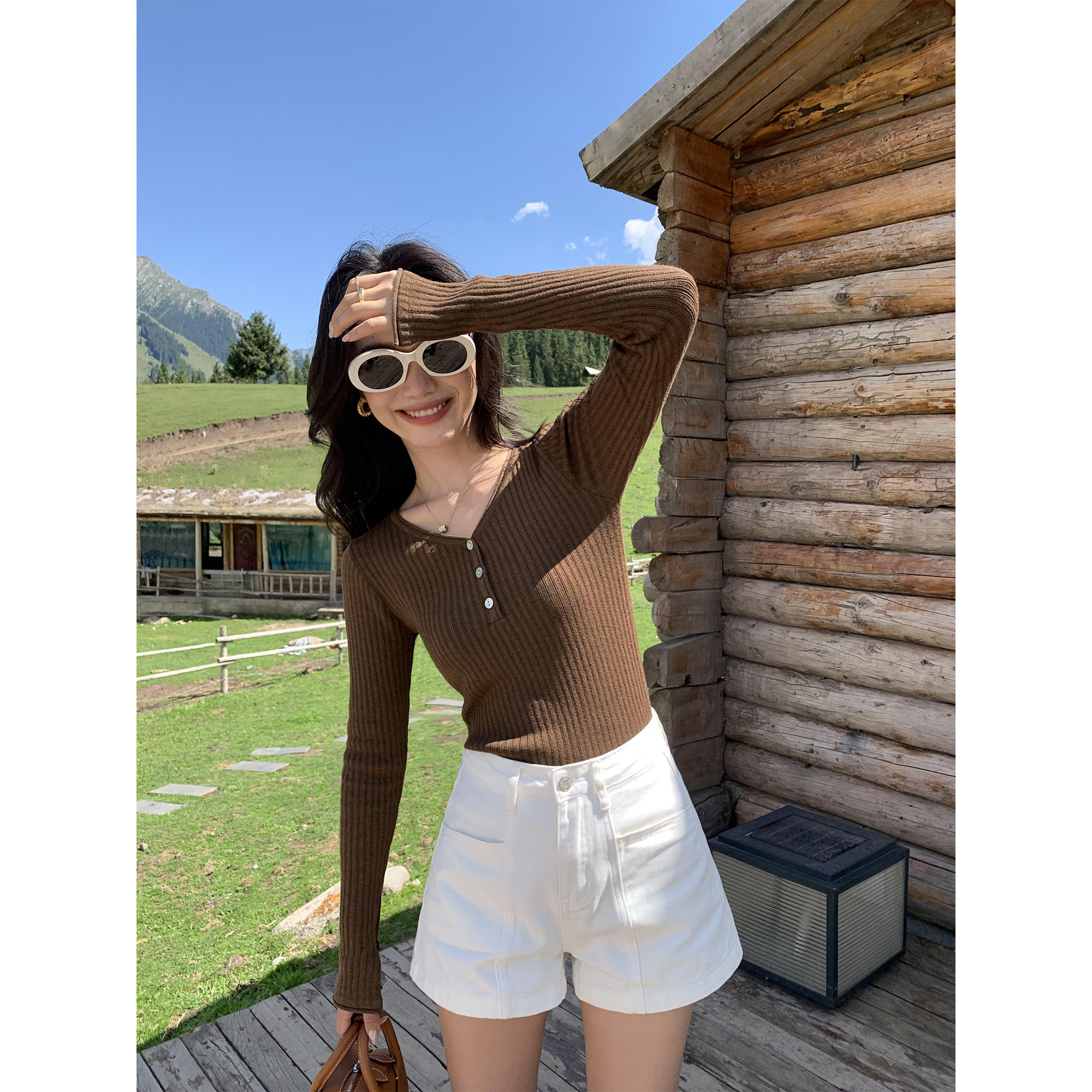 pusumede【现货6折】V领长袖打底针织衫女喇叭袖修身短款上衣,淘宝优惠券,粉丝福利购,淘宝优惠卷