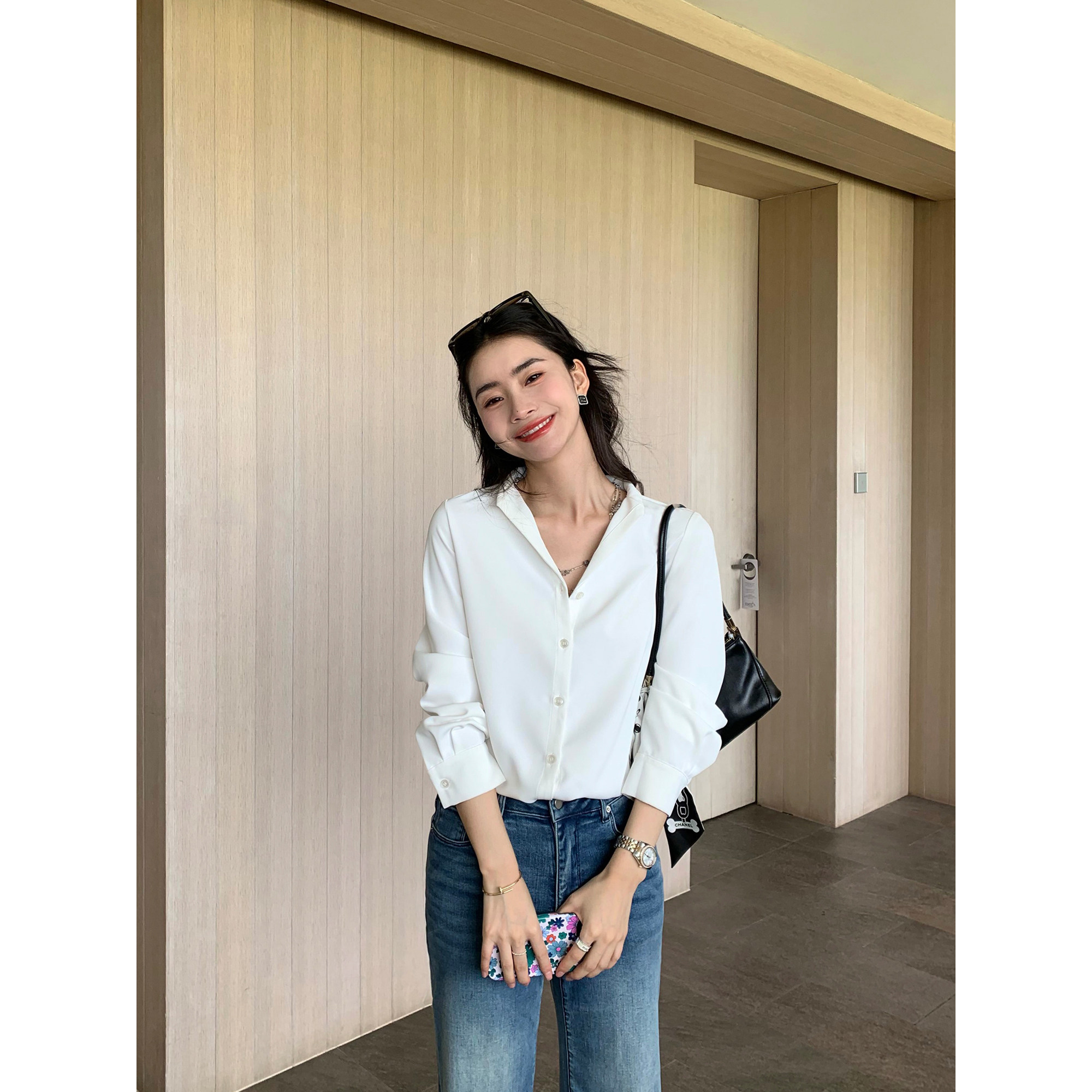 pusumede露思同款!v领长袖白色衬衫女春秋宽松设计感小众气质上衣,淘宝优惠券,粉丝福利购,淘宝优惠卷