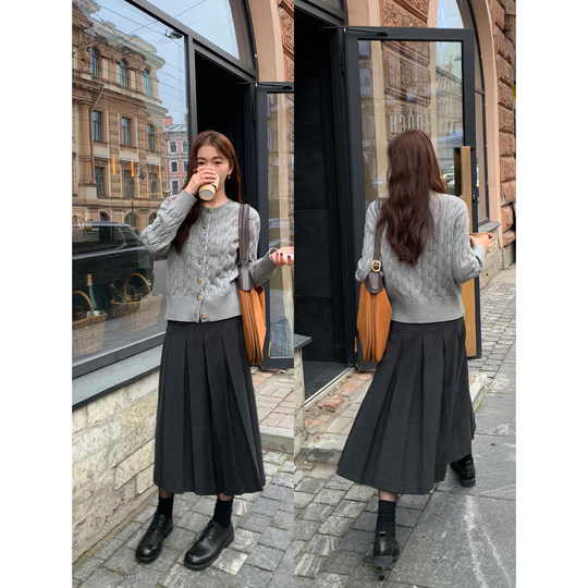 pusumede 韩女法则 中长款百褶半身裙女秋冬高腰a字裙设计感裙子