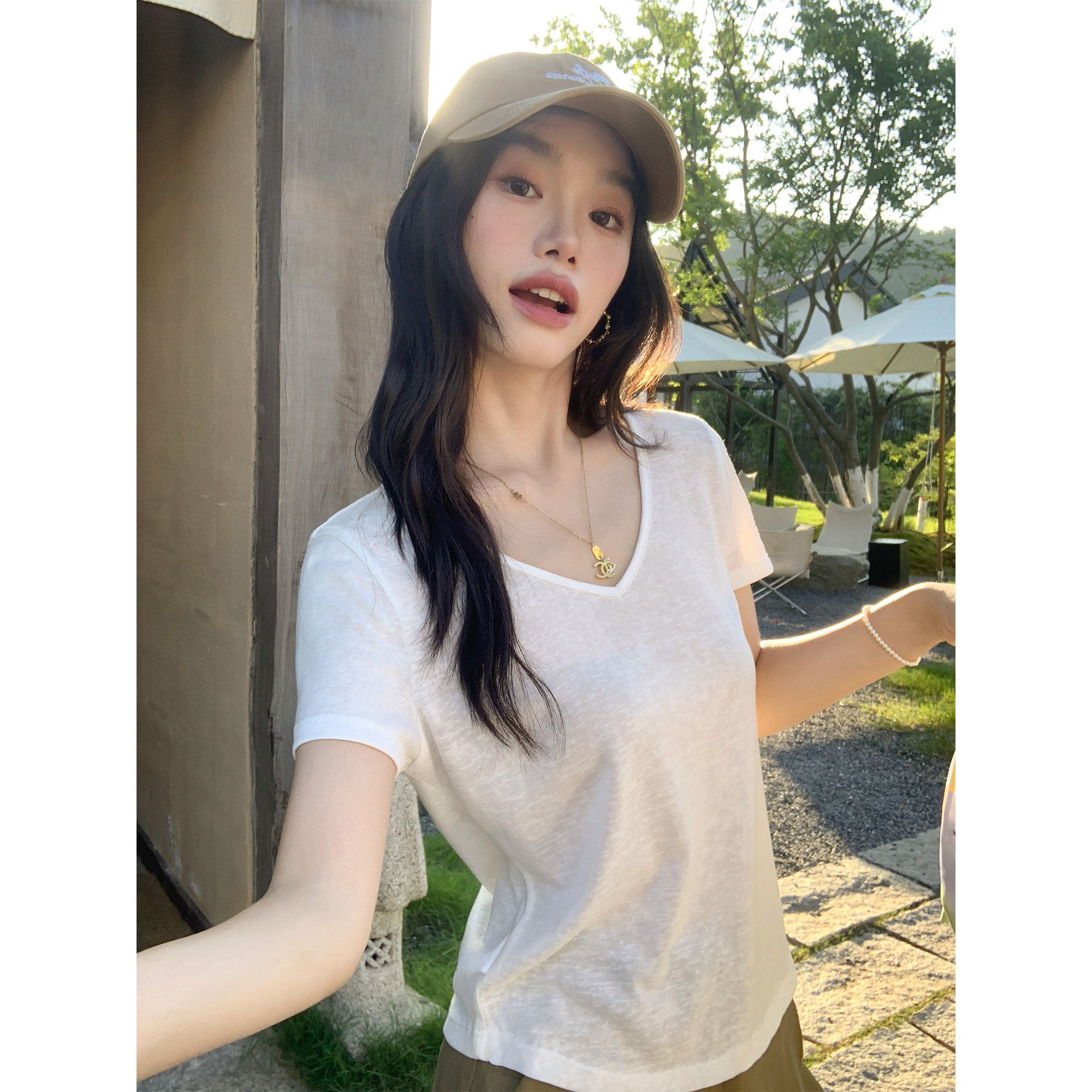 pusumede零感神T 白色V领短袖女t恤夏季基础亚麻雪花气质正肩上衣