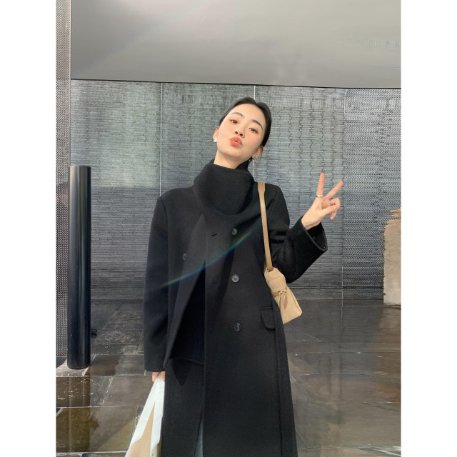 Scarf integrated design wool double-sided wool coat