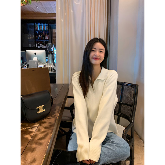 Pusumede miu department senior sister polo collar sweater women casual lazy style loose v-neck pullover knit top