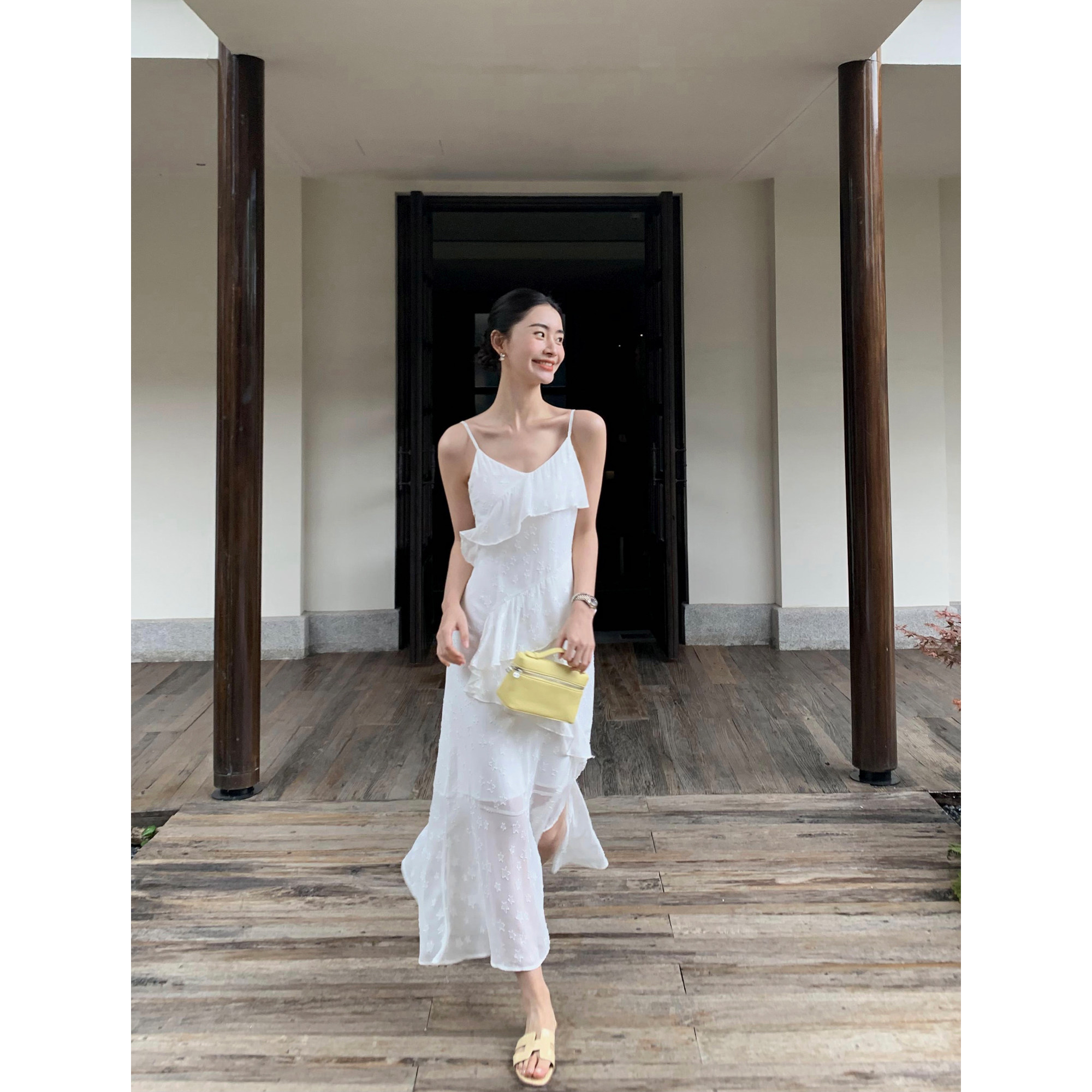 pusumede黑色法式吊带连衣裙女荷叶边开叉裙子气质雪纺裙度假长裙,淘宝优惠券,粉丝福利购,淘宝优惠卷